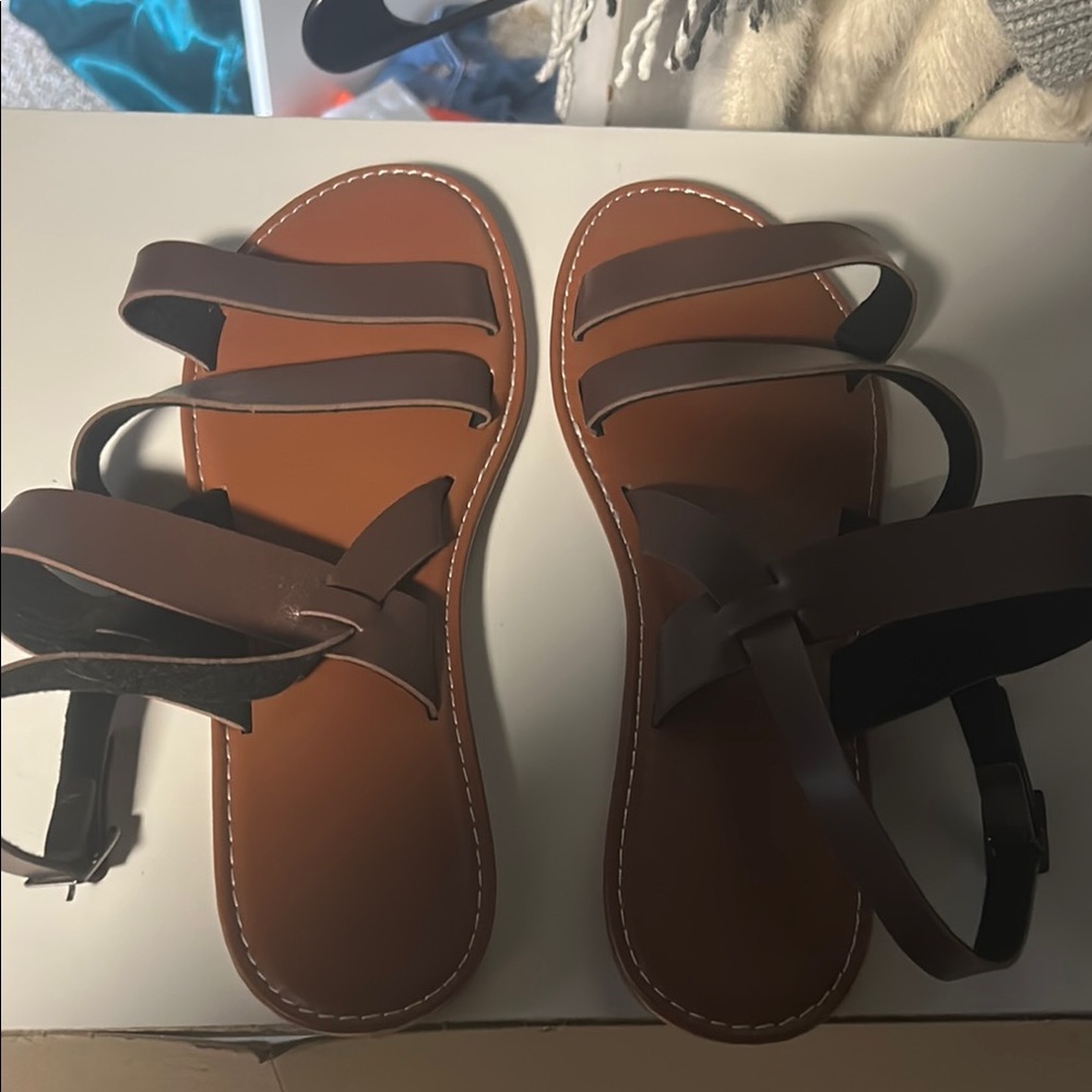 Brown Leather Flat Sandals with Multiple Straps